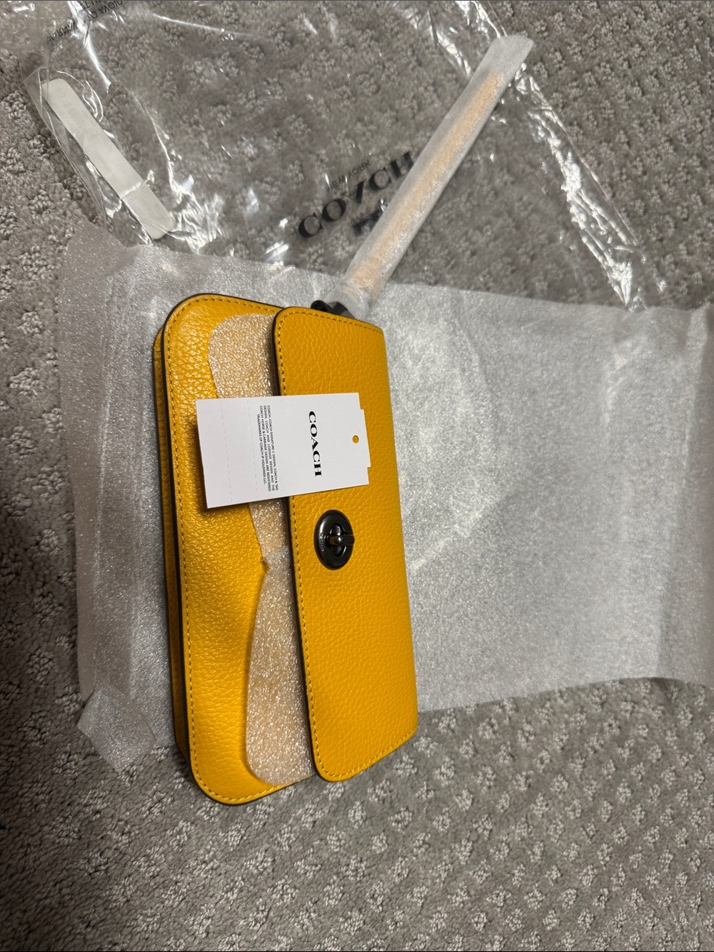 Coach Yellow Pebbled Leather Phone Crossbody Wallet with Turn-Lock